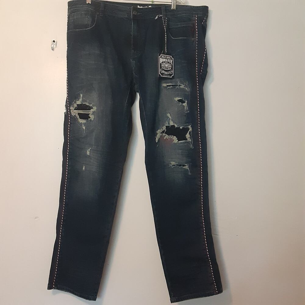 Born Fly Men's 42x30 Denim Jeans Embroidered Stitching Distressed Hip Hop EUC